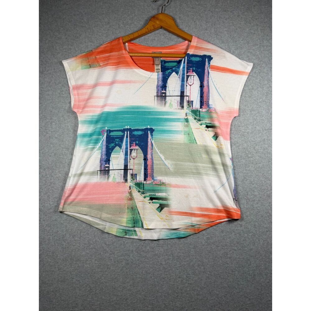 Chico's Women's Size 2 L Brooklyn Bridge Graphic Multicolor Dolman Top 3900